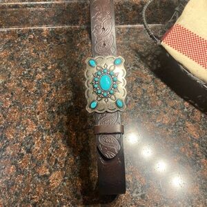 Brown Leather Belt with Turquoise Buckle